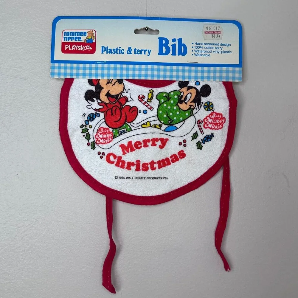 Vintage 1980s Baby Minnie and Mickey Mouse Merry Christmas Bib Tommee Tippee